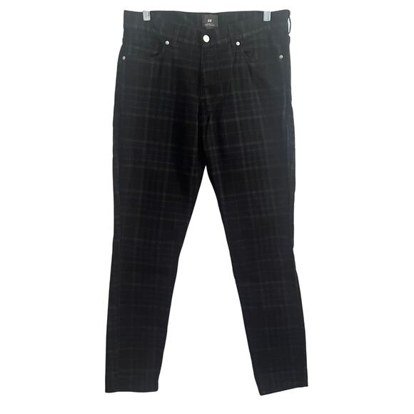 H&M Skinny Fit Pants Men’s 32 Black Green Plaid Tartan Stretch Casual - Picture 1 of 12